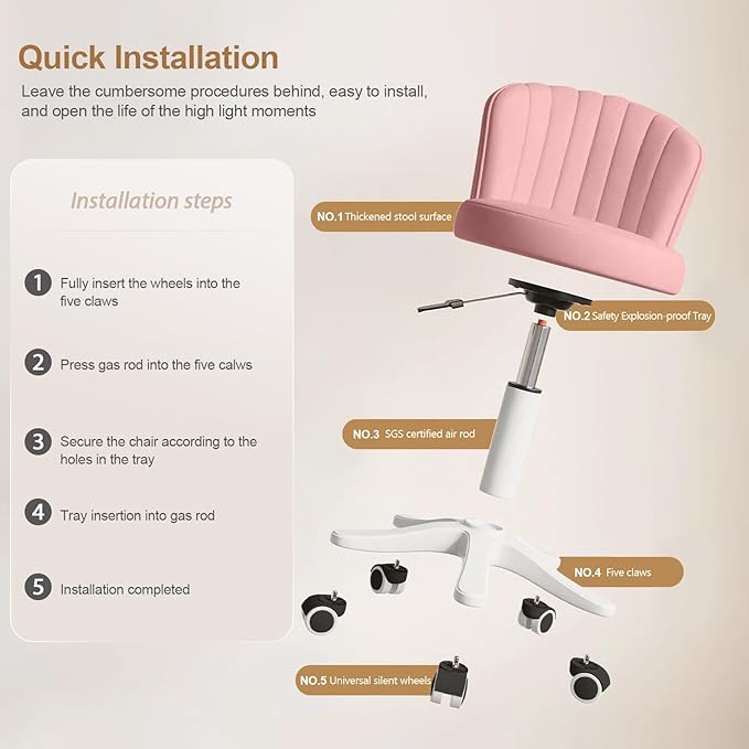 Small Round Rolling Desk Chair Armless Comfy Vanity Computer Chair Height Adjustable Swivel Work Spa Chair