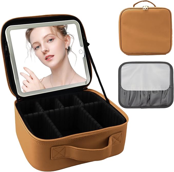 Makeup Bag with Led Mirror,Portability Cosmetic Case Portable Cosmetic Brush Organizer Bag with Adjustable Dividers,Gift for Women,Girls Gift (Light Brown)