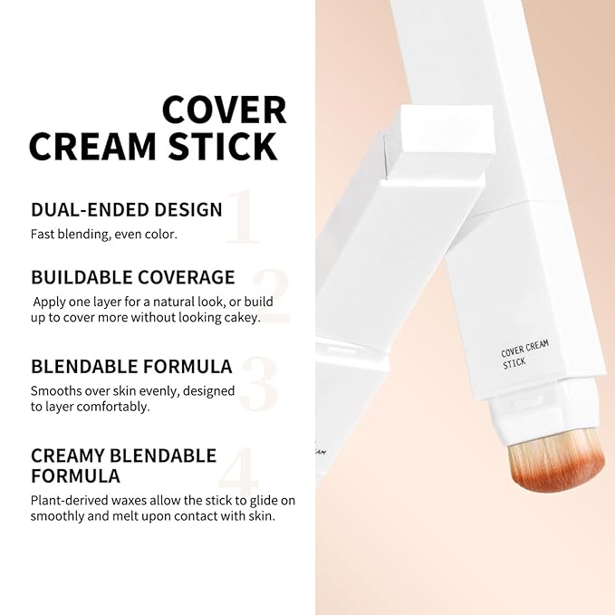 Color-Changing Foundation Stick, Dual Head Cover Cream with SoftBrush, Medium to Full Coverage Dewy Finish,Hydrating Lightweight,Blur Pores Even Skin Tone for All Skin Types, #5 Tan