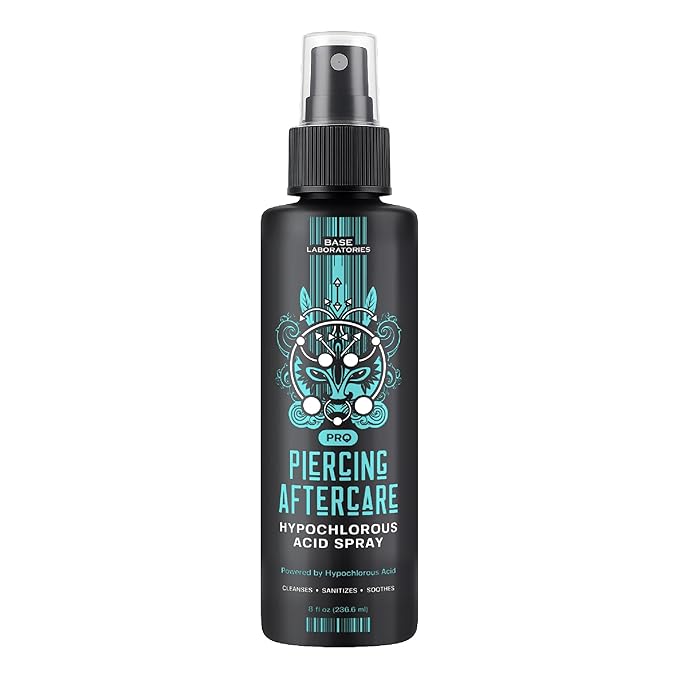 BASE LABORATORIES Piercing Aftercare Hypochlorous Acid Spray PRO - 8 OZ | Ear Piercing Cleaner | Saline Solution Piercing Aftercare - Saline Spray for Piercings, Bumps & Keloids | Ear, Nose, Belly