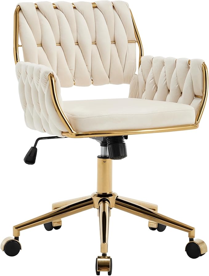 civama Velvet Office Desk Chair with Hand Woven Backrest, 360°Swivel & Height Adjustable Cute Girls Vanity Vlog Chairs, Nail Salon Bedroom Dressing Room Armchair with Gold Base and Wheels (Beige)