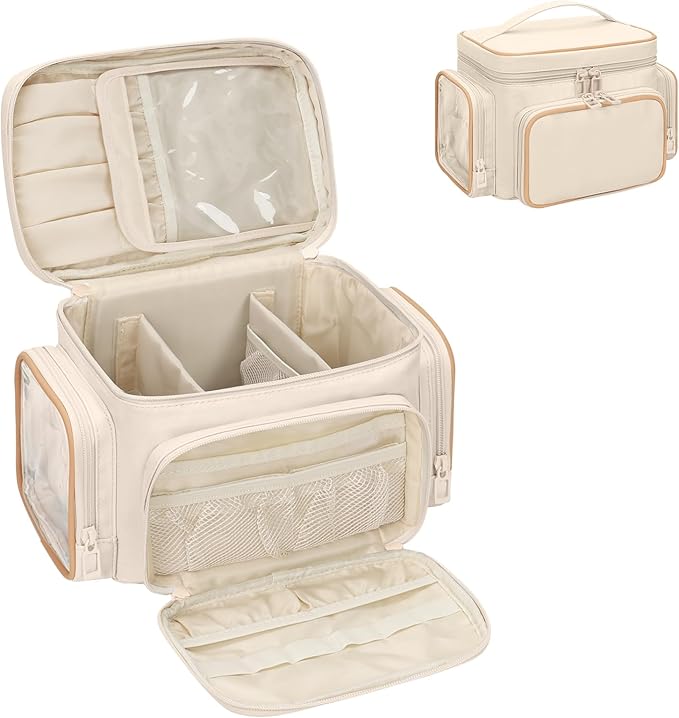 Large Makeup Bag, Portable Travel Makeup Bag Organizer for Women Girls with Makeup Brush Compartment & Two Side Pockets, Cosmetic Travel Bag Vertical Storage Toiletry - White