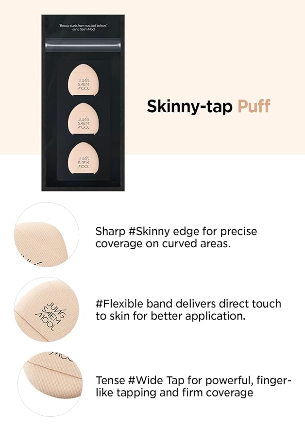 JUNG SAEM MOOL Skinny Tap Puff 3pcs, Mini Precision Puff for Concealer and Touch-Up, Ultra-Slim Fitting Makeup Sponge for Seamless Coverage Around Nose Eyes Lips, Korean Beauty Tool