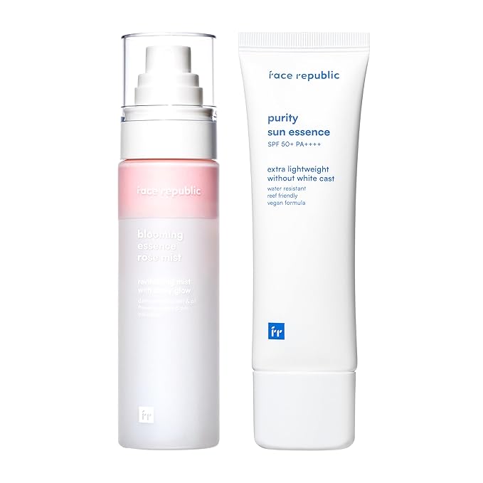 Face Republic Effortless Glass Skin - Blooming Essence Rose Mist + Purity Sun Essence | All In One Mist for Instant Glass Skin | SPF 50+ Broad Spectrum UV Sunscreen | Vegan Korean Skin care