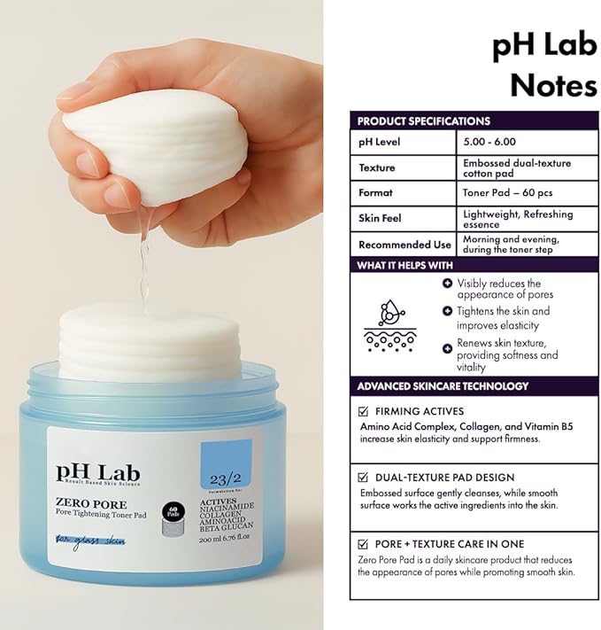 pH Lab Zero Pore Toner Pad, Pore Minimizer for Face, Collagen & Niacinamide, Pore Tightening & Hydrating Exfoliating Pads for Smooth Skin, 60 Pads