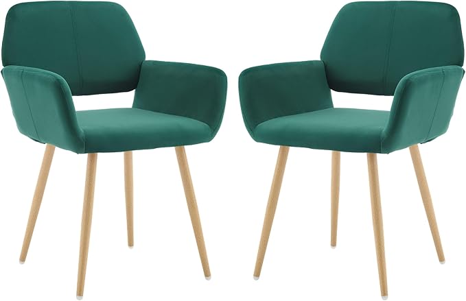 KCC Small Modern Dining Room Arm Chairs Set of 2, Mid-Century Upholstered Velvet Side Seat Club Guest with Metal Tube Legs for Kitchen, Living Room, Green