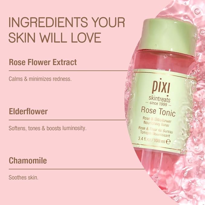 Pixi Rose Tonic Rose Hydrosol Toner Hydrates Skin, Minimize Redness, Rehydrates and Replenishes, 8.5 fl oz/250ml