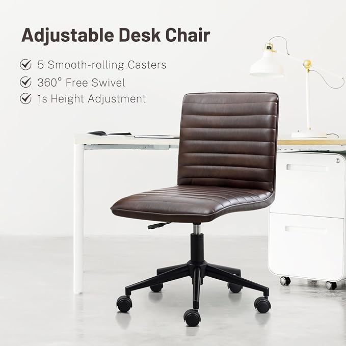 Furniliving PU Leather Office Desk Chair, Armless Vanity Chair with Wheels 360° Swivel Mid Back Height Adjustable, Computer Rolling Chairs with Gold Metal Base Stool, Black Brown