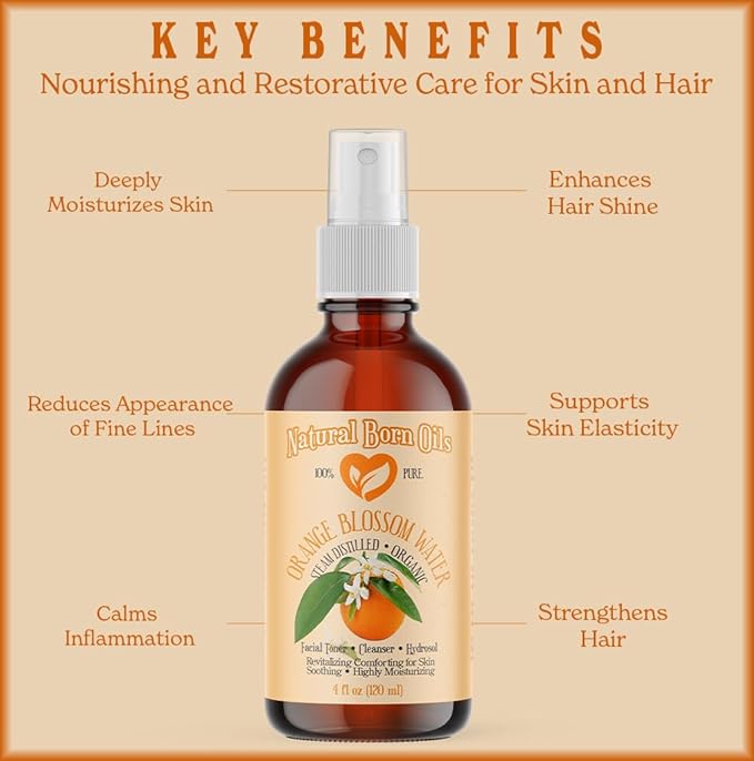 Natural Born Oils 16oz Orange Blossom Water Hydrosol, 100% Pure and Natural, Organic, Steam-distilled, Facial Toner Cleanser, with Sprayer