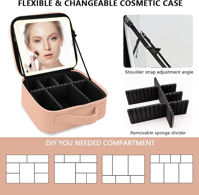 Makeup Bag with Led Mirror,Large Vanity Makeup Cases with 3 Color Setting,Portable Storage and Adjustable Dividers,for Women and Makeup Artists Cosmetic Organizer Travel Makeup Bag-Khaki