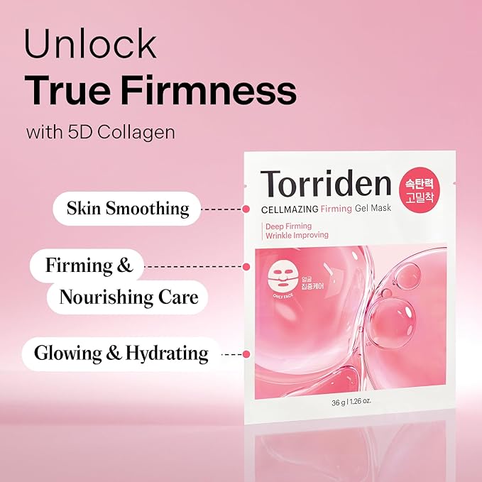 Torriden CELLMAZING Collagen Firming Gel Sheet Mask for Face Only (4 Pack) | Smoother, Firmer-Looking Skin with 5D Collagen Complex | Korean Facial Mask