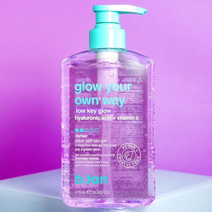 b.tan Dark Clear Self Tan Gel | Glow Your Own way, Low Key Glow - Transfer-Resistant Sunless Tanning Gel, Gradual Darker Bronze, Packed with Hyaluronic acid & Vitamin C, 16 Fl Oz