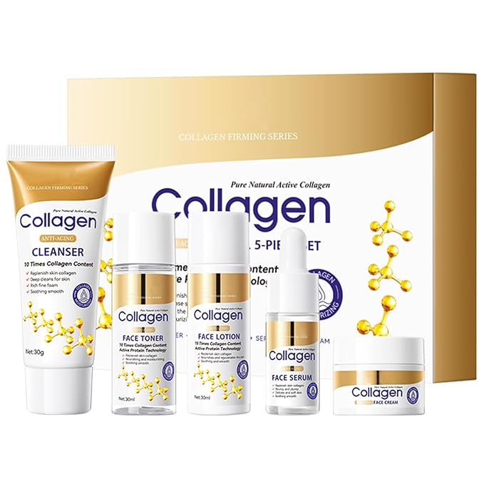 Collagen Skin Care Set, 5-Piece Anti-Aging Travel Kit with Cleanser, Toner, Lotion, Serum, Cream Gift Set for Women & Girls, Shrink Pores Tighten Lift Smooth Wrinkles, Moisturizing Skincare Gift Set