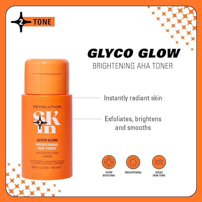 Revolution Skin, Glyco Glow 5% Glycolic Acid & Ginger Brightening AHA Face Toner, Helps Smooth Facial Complexion, Vegan & Cruelty-Free, 11.69 fl oz