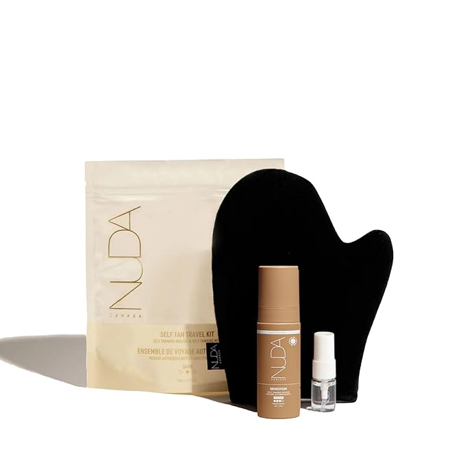 Nuda Glow On The Go Self Tan Travel Kit | Includes Self Tanner Mitt,1.69 Fl Oz Dark BronzeFoam Tanning Mousse & 0.19 Fl Oz CloudMist Face Tanner | Streak-Free Application | Head-to-Toe Sun-Kissed Look