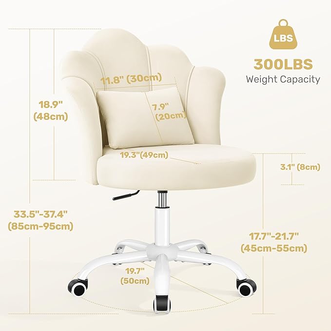 Petal Vanity Chair with Wheels, 3.15" Extra Thick Comfy Makeup Chair, Adjustable Modern Swivel Armless Desk Chair for Girls Women, Aesthetic Small Office Chair for Bedroom Dorm