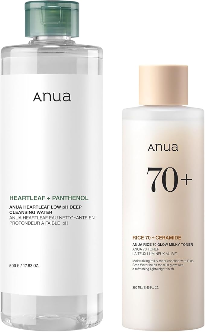 Anua Hydrating Cleansing Prep Set : Heartleaf Low pH Deep Cleansing Water & Rice 70 Glow Milky Toner, Korean Skincare