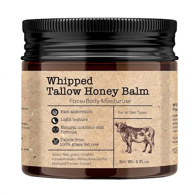 Beef Tallow Honey Balm for Sensitive Skin:100% Organic Grass-Fed Vintage Tallow Moisturizer For Face Cracked Hands Non-Greasy Nourishing Cream With Olive Oil - Eczema Safe All Skin Types 4 oz