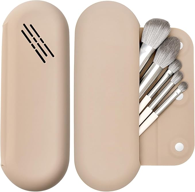 Makeup Brush Holder Magnetic Closure Make Up Brushes Organizer Silicone Makeup Bag Travel Essentials (Khaki)