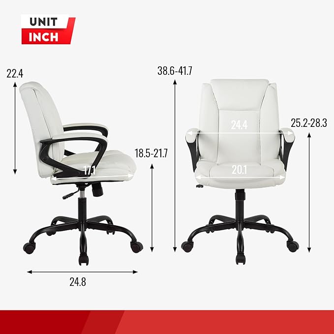 Home Office Chair Ergonomic Desk Chair PU Leather Task Chair Executive Rolling Swivel Mid Back Computer Chair with Lumbar Support Armrest Adjustable Chair for Men (White)