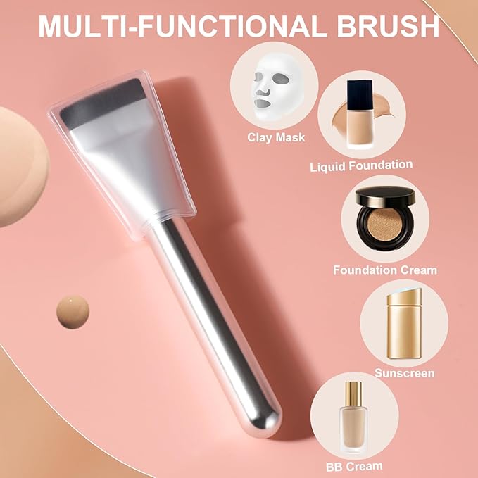 Flat Foundation Brush with Puff, Beautyfactor Ultral Thin Spatula Makeup Brush with Sponge for Liquid Makeup | Fast Flawless Korean Kabuki Brushes for Blending, Liquid, Cream, Blush, Buffing （Silver）