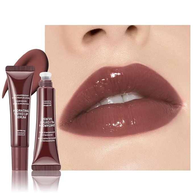 Lip Tinted Glowy Balm Hydrating Tinted Lip Serum Lip Gloss, Ultra-Hydrating Natural Vegan Lip Balm, Sheer-Tinted Shine & Hydration, Soothes & Softens Dry Lips Skincare (Dark Brown)