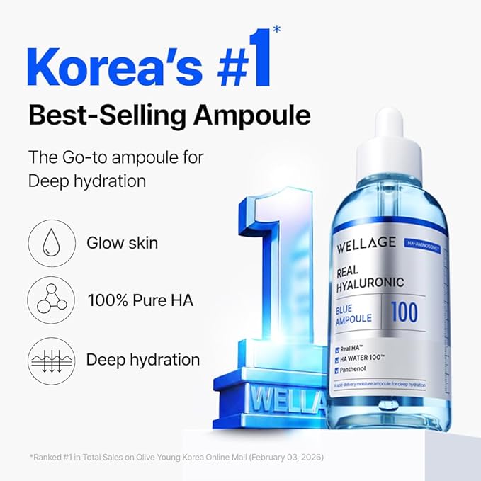 WELLAGE Real Hyaluronic Blue Ampoule 100, Korean Hydrating Serum for Face, Skin Firming Hyaluronic Acid Deep Moisturizing Serum with Panthenol, PDRN, 2.54 Fl Oz_R