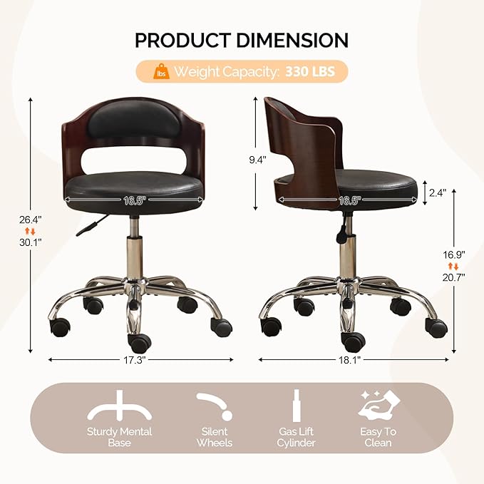 VINGLI Armless Home Office Desk Chair, Adjustable Swivel Chair,Dual-Use with/no Wheels,Small Retro Designed Walnut Curved Task Chair,Cushioned Nail Tech Chair for Study Area,Workspace,PU,Black