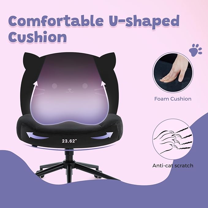 IWMH Armless Office Desk Chair with Wheels,Ergonomic Criss Cross Legged Computer Chair with Fabric Padded, Height Adjustable Wide Seat Vanity Chairs,Mid Back Task Chair for Home, Bedroom (Black)