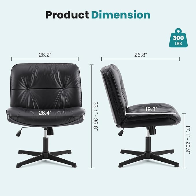 OLIXIS Criss Cross Chair Without Wheels, Cross Legged Office Chair, Armless Wide Vanity Desk Chair with Comfy PU Leather& Back - Swivel for Home Office Bedroom, Black