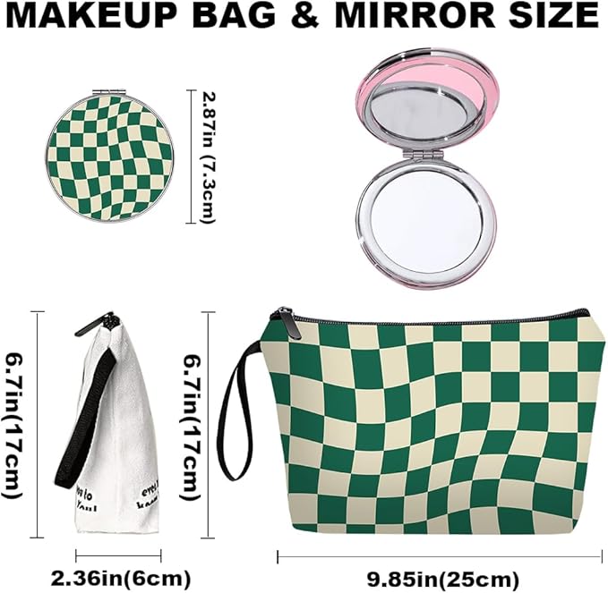 Personalized Green Checkered Makeup Bag set with Mirror for Women,Checkered travel Cosmetic bag kit with10 pieces pink brush set,Green Plaid bag Gifts for Mom Girls femal Friends