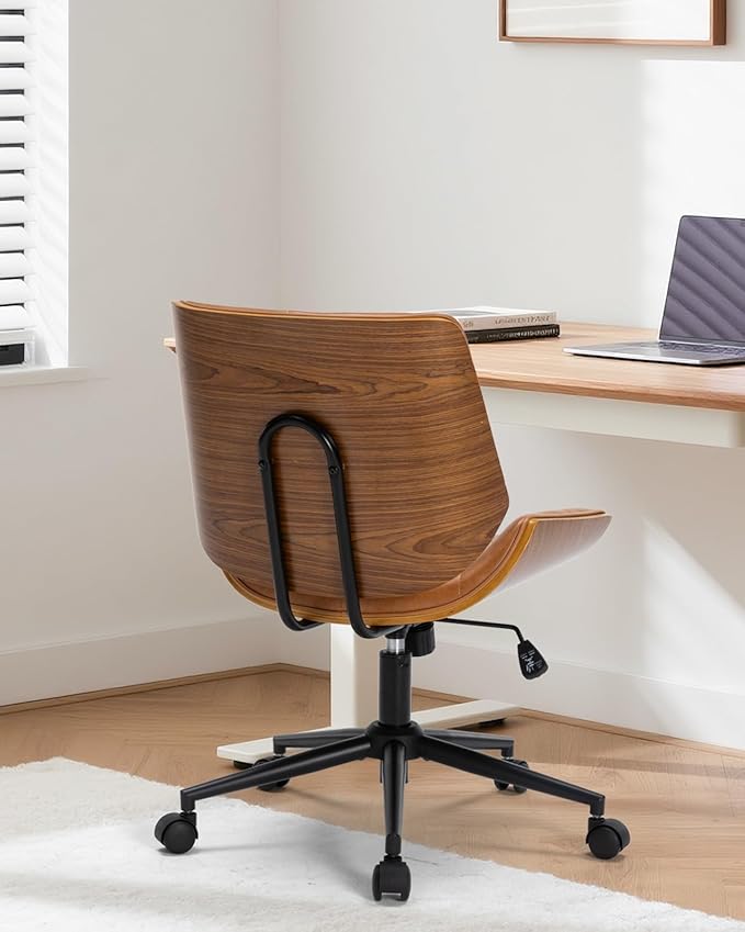 Mid-Century Modern Home Office Chair,Adjustable Height Desk Chair with Walnut Finish&PU Leather,Armless Executive Computer Chair with 360° Swivel Rolling Wheels for Vanity, Bedroom&Workspace (Brown)