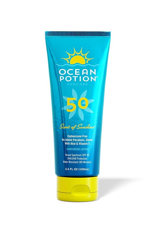 Ocean Potion SPF 50 Sunscreen Body Lotion, Broad Spectrum UVA/UVB Protection with Aloe and Vitamin E, Water-Resistant Non-Greasy Travel Size Sunscreen, 3.4 oz