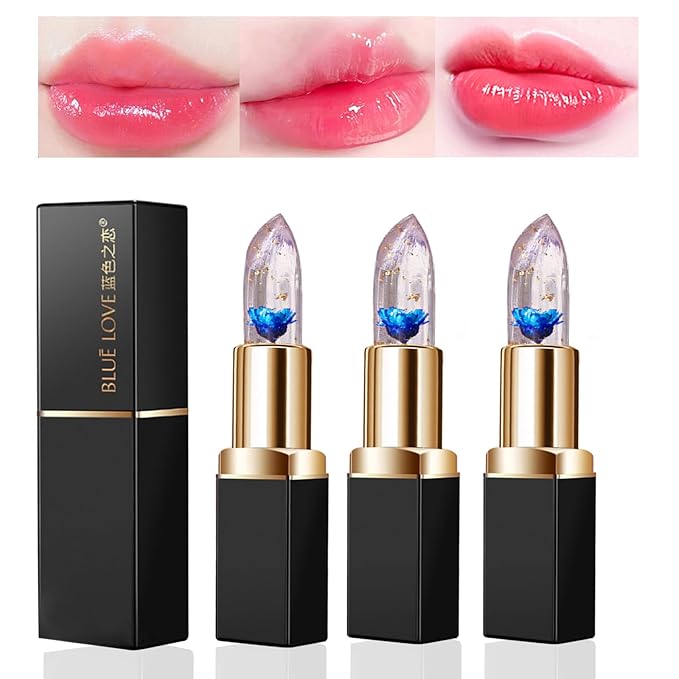 BLUE LOVE 3-Piece Color Changing Flower Jelly Lipstick Set - Nourishing Clear Lip Balm with Flower, Long-Lasting Moisturizing Lip Gloss (3Pc Blue)