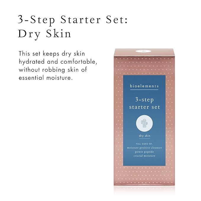 Bioelements 3-Step Starter Set: Dry Skin - Includes Moisture Positive Cleanser, Power Peptide Toner & Crucial Moisture Moisturizer - Vegan, Gluten Free - Never Tested on Animals