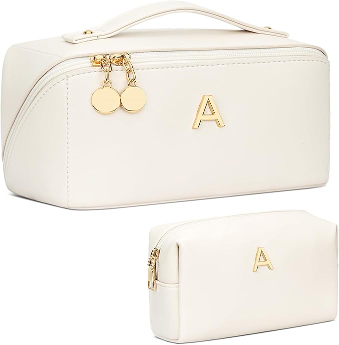 Birthday Gifts for Women Teen Girl, Personalized Initial Makeup Organizer Bag Set, Open Flat Travel Cosmetic Bag With Clear Divider and Handle(Large-Beige,A)