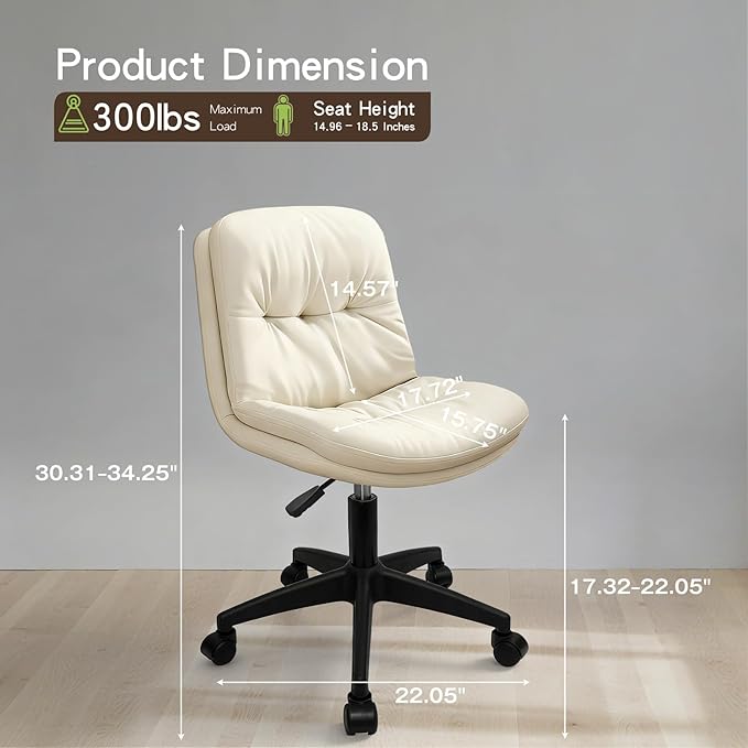 Office Chair, Ergonomic Desk Chair with Padded Cushion & Backrest, Adjustable Height & 360° Swivel, Armless Task Chair for Home Office, Computer Desk & Vanity Beige