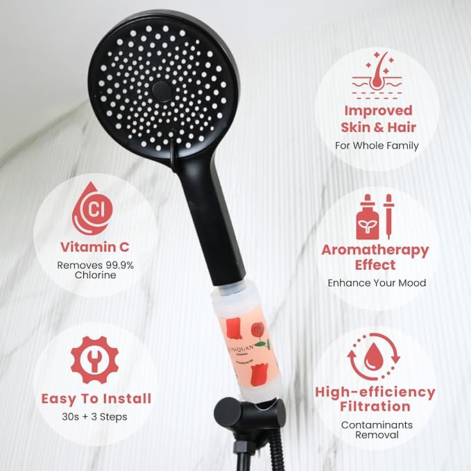Vitamin C Shower Filter with Aromatherapy, Soften Hard Water, Chlorine & Flouride Removal, Skin & Hair Care, Easy Installation,Universal Fit, Eco-Friendly, Made in Korea (Fire Rose)