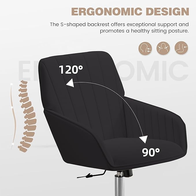 YISHENG Velvet Office Desk Chair with Silver Base, with Wheels,Modern Height Adjustable 360 Degree Swivel Upholstered Vanity Chairs with Arms for Living Room Bedroom,Black
