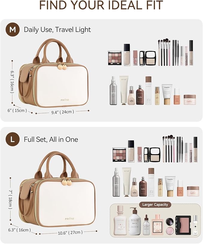 Prite Makeup Bag for Women, Large Capacity Waterproof Travel Cosmetic Organizer, Portable Open Flat Toiletry Bag with Free-standing Brush Holder and Handle(Beige Brown Medium)