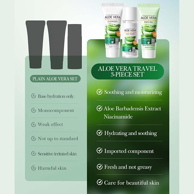 Aloe Vera Face Skincare Set,3 Pcs Moisturizing Aloe Vera with Aloe Vera Gel,Face Wash,Toner,Pure Organic Aloe Vera for All Skin Types,Travel Skincare Kit for Women(3PCS)