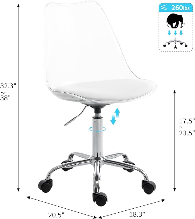 HOMEFUN Clear Desk Chair with Cushion, Armless Acrylic Rolling Chair Height Adjustable Ghost Swivel Molded Plastic and Wheels, Clear