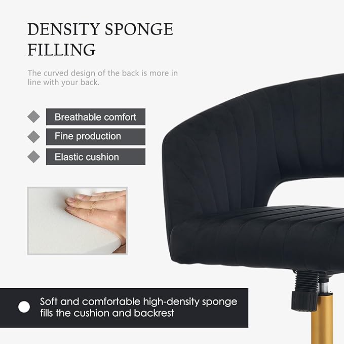 Vanity Chair with Back 360 Swivel Armchair and Gold Base, Criss Cross Chair with Wheels for Vanity Home Office, Living Room, Bedroom and Study (Black)