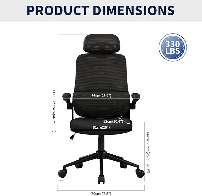 Ergonomic Office Chair - Desk Chair with Adjustable Headrest Lumbar Support Computer Chair - Mesh Comfy Chair with Flip-up Armrests - Gaming Chairs for Adults Home Office (Black+Black)