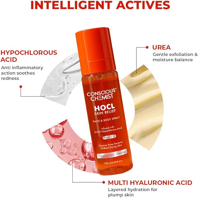 Conscious Chemist HOCL Skin Relief Face & Body Spray Soothing & Repairing Toner Hypochlorous Acid Mist for Quick Relief from Body Odour,Acne, Redness & Irritation Soothes Skin,100 ml (Pack of 1) Clear