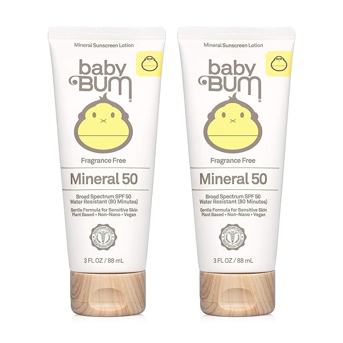 Baby Bum SPF 50 Sunscreen Lotion | Mineral UVA/UVB Face and Body Protection for Sensitive Skin | Fragrance Free | Travel Size | 3 FL OZ (Pack of 2)