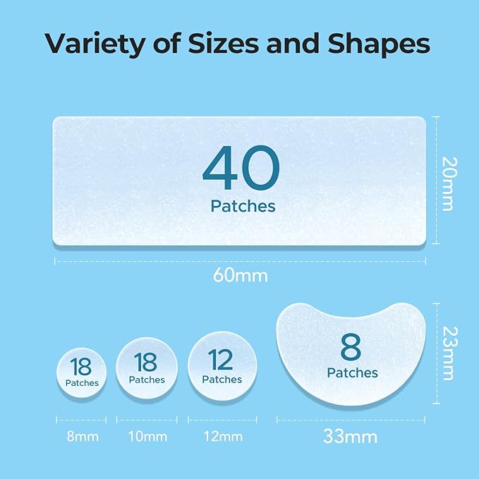 TKTK Pimple Patches, XL Hydrocolloid Patches for Face 60 x 20 mm, Big Acne Patches for Body, Forehead, Chin, Neck Zit Breakouts, Hydrocolloid Bandages (Strip, Contoured, Dot 5 Sizes 96 Count)