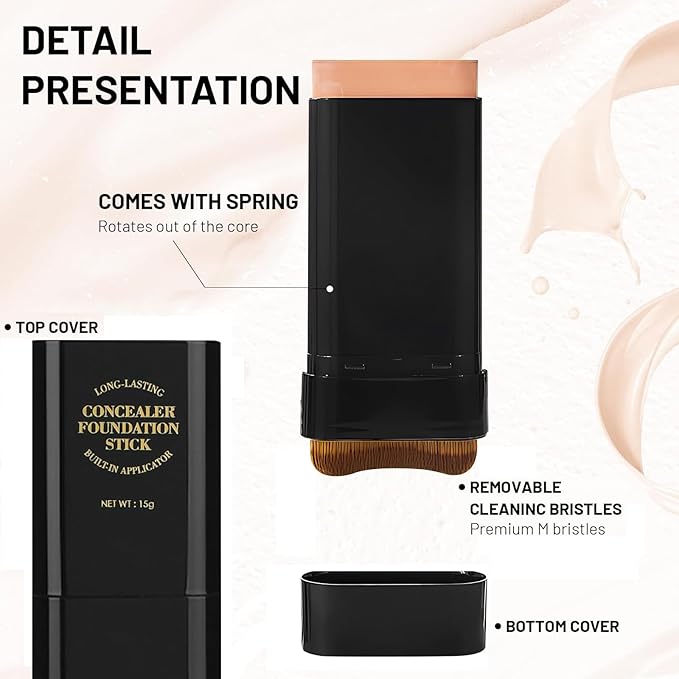 Foundation Stick,2 in 1 Dual-Ended Long-Lasting & Waterproof Concealer Korean Foundation Contour Sticks,Contouring Foundation with Brush,Full Coverage Matte Finish for Face Makeup(02NATURAL)