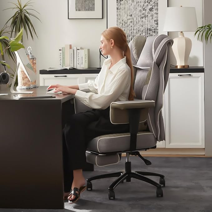 Dowinx Big and Tall Office Chair with Massage Lumbar Support,Executive Office Chair with Wide Thick Seat Cushion and Adjustable Armrest,Mesh Computer Gaming Chairs with Footrest (Grey)