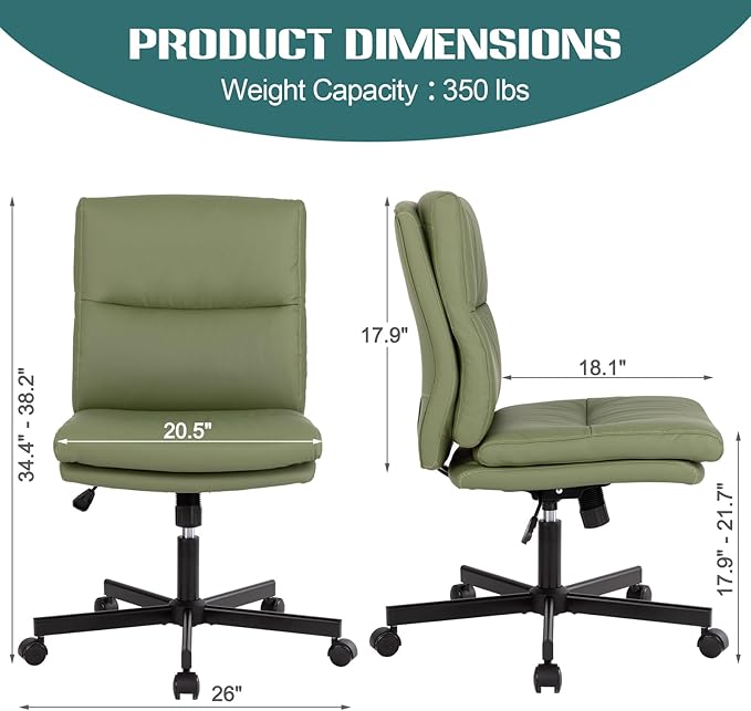 LUCKWIND Armless Office Desk Chair with Wheels,Double Padded PU-Leather Chairs for Office & Bedroom, 014 New (Green)